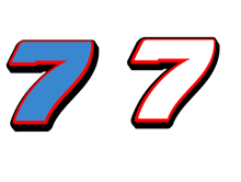 the number 77 is displayed in blue red and white on a white background