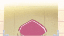 a cartoon girl with pink hair and a red hat is sleeping