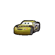 a yellow and black toy car from the movie cars is sitting on a white surface .