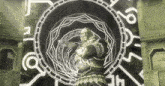 a statue of a man is surrounded by a circle of numbers including the numbers 6 and 9