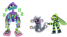 a cartoon drawing of a robot a cat and a bug with green letters