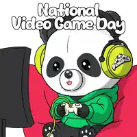 a panda bear wearing headphones and playing a video game on national video game day