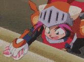 a cartoon character wearing a knight 's helmet is cleaning a surface