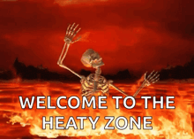 a skeleton is standing in the middle of a fire with the words welcome to the heaty zone written on it .