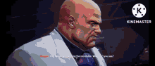 a bald man in a white suit and purple tie is talking to another bald man in a video game .