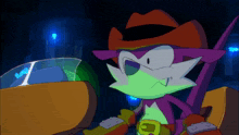a cartoon character wearing a cowboy hat and sunglasses with the letter b on his belt