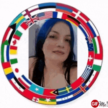 a woman with blue hair is in a circle of flags from different countries .