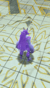a video game character with purple hair standing on a tiled floor