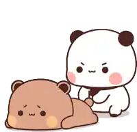 a panda bear is sitting next to a brown bear laying on the ground .