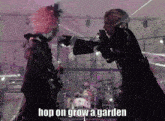 a man singing into a microphone with the words hop on grow a garden behind him