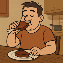 a cartoon of a man eating a large piece of meat