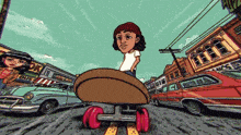 a cartoon of a person riding a skateboard in front of a store that says ok on it