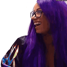 a woman with purple hair and glasses is laughing
