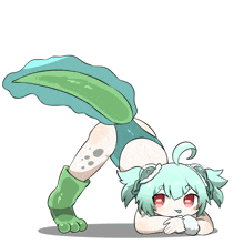 a cartoon drawing of a girl with a green tail and red eyes