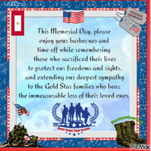 a memorial day message from aecruz with soldiers and flags