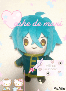 a picture of a stuffed animal with the words i will eat your heart
