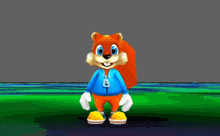 a cartoon squirrel is standing on a green field wearing a blue shirt and yellow pants .