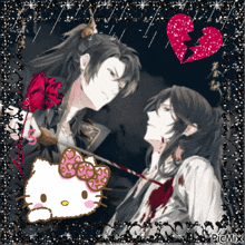 a picture of two anime characters with a hello kitty on the bottom right