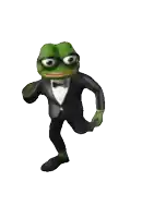a green frog in a tuxedo and glasses is dancing