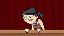 a cartoon of a man and a girl with a red curtain behind them
