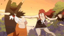 a girl with red hair is standing next to a man with a bandaged head