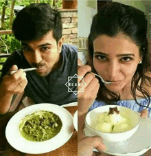 a man and a woman are sitting at a table eating different types of food .