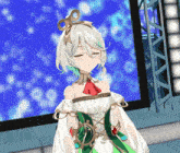 a girl with a clock on her head is standing in front of a blue screen
