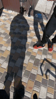 a person 's shadow is cast on a brick floor