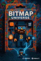 an advertisement for bitmap universe shows a man with a beard