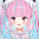 a close up of a girl with pink hair and blue highlights