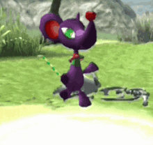 a purple cartoon character is standing in a grassy field .
