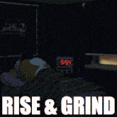 a bed with a pink alarm clock and the words rise & grind below it