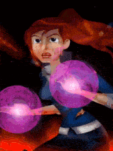 a cartoon drawing of a woman holding a purple ball with a website url at the bottom