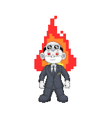 a cartoon of a man holding two broken hearts with a fire behind him