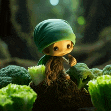 a cartoon character with a green hat is sitting on a pile of broccoli
