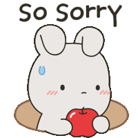 a cartoon of a rabbit holding an apple with the words so sorry above it