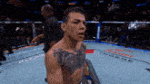 a man with a tattoo on his chest stands in a boxing ring sponsored by bud light