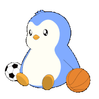 a blue and white penguin is sitting next to a soccer ball and a basketball