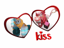 two hearts with the word kiss in red