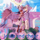 a girl with wings is riding a bike in front of a castle and the words jesse and cheer