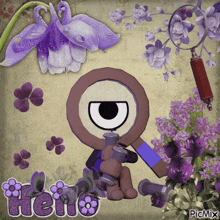 a cartoon character with a magnifying glass and the word hello