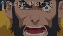 two blue cartoon characters are standing next to each other with the words where is keon written above them