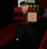 a man in a red shirt and suspenders is standing in front of a server room