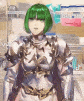 a girl with green hair is standing in front of a pink sign that says personal care