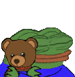 a cartoon of a frog with a teddy bear on his head .