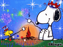 a cartoon of snoopy and woodstock roasting marshmallows in front of a fire