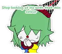 a pixel art of a clown with the words stop looking at me with that ski colour