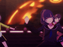 a group of anime girls are dancing in front of a burning building