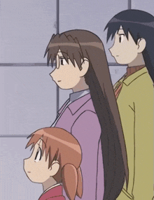 three cartoon characters are standing next to each other and one of them has long hair