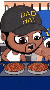 a cartoon of a man wearing a dad hat standing next to two bowls of beans